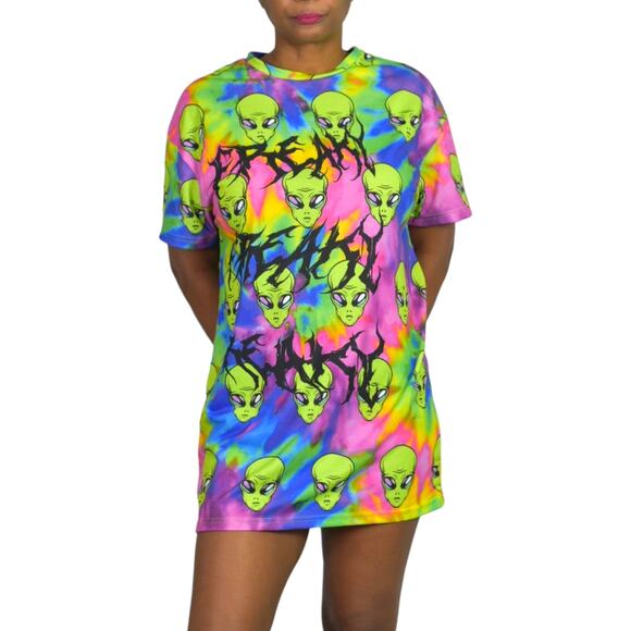 ASOS Freaky Alien Dress Green Tie Dye Oversized Shirt Graphic Mini Neon Size 2 - Picture 15 of 16